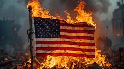 Burning american flag on embers symbolizing destruction and protest