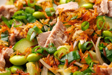 Crispy Rice Tuna Salad with edamame beans, cucumber, onion