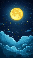 The night sky is depicted in a cartoonish manner with stars, planets, and fluffy clouds