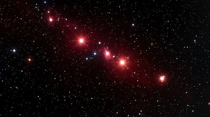 Reddish stars align amidst numerous fainter, twinkling celestial bodies on a stark, dark, cosmic canvas