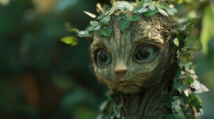 Forest Sprite with Green Eyes and Foliage Crown in Lush Woodland