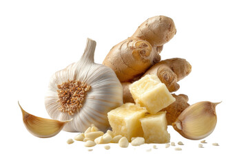 Fototapeta premium PNG Fresh garlic and ginger with cheese cubes on black background