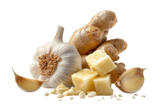 PNG Fresh garlic and ginger with cheese cubes on black background