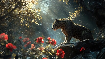 Leopard Standing on Rocky Outcrop in Forest Under Sunlight