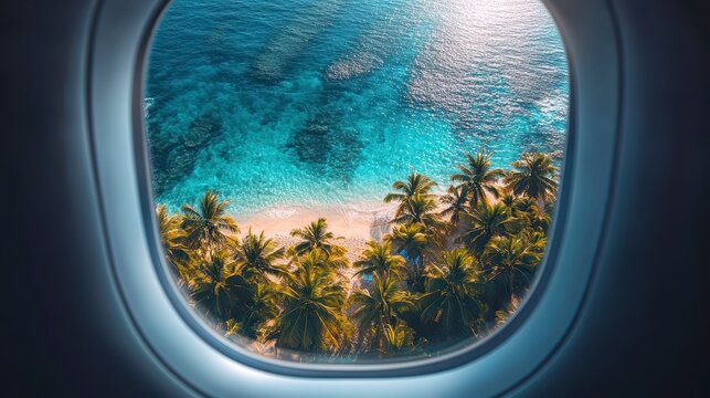 Fototapeta Aerial view of a tropical beach paradise seen from an airplane window