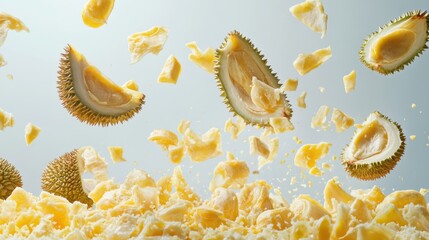 Obraz premium Flying durian halves and yellow pulp pieces against white background dynamic composition bright tropical food photo