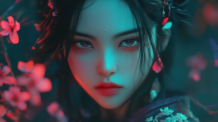Portrait of Asian Woman with Hairstyle and Ornamentation Amidst Floral Accents