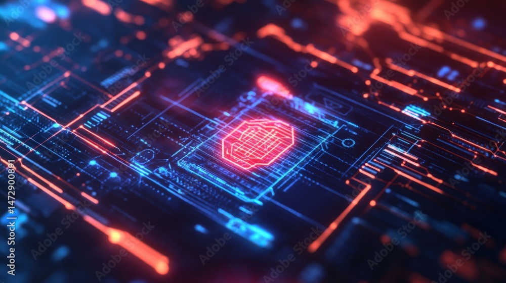 Poster abstract digital circuit board with glowing red chip.