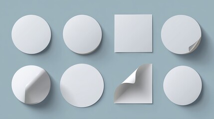 Realistic paper circle and square stickers with rounded edges and curl Isolated tag set with peeling corners and shadow on white background