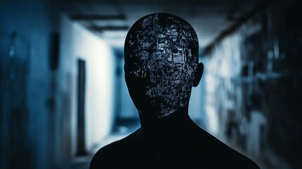 Abstract digital human head silhouette dark blue background technology concept ai data code image