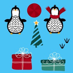 Christmas animals set penguin pattern for wrapping paper and fabrics