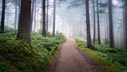 misty forest path nature background serene landscape hiking trail