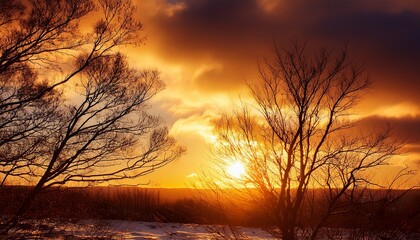 golden sunset the bright setting sun shines on the cloudy sky in winter branches of bare trees are visible beautiful nature background