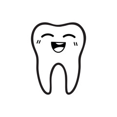 Cute cartoon tooth character smiling with eyes closed. Black and white minimalist illustration. Ideal for pediatric dentistry materials, children’s dental care campaigns, stickers, educational posters