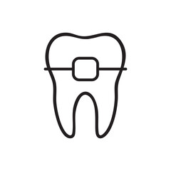Minimalist black and white illustration of a tooth with a single orthodontic bracket. Ideal for dental care, orthodontics promotions, educational materials, and dental clinic branding