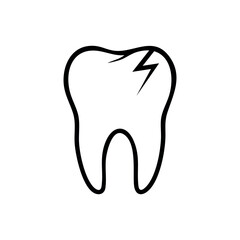 Black and white icon of a damaged tooth with a lightning bolt symbol on the upper right corner, representing toothache, sensitivity, or dental problems. Minimalist line art style