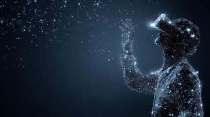 Fototapeta premium Wireframe man in VR goggles with startup background Starry abstract tech mesh Future virtual technology concept illustration
