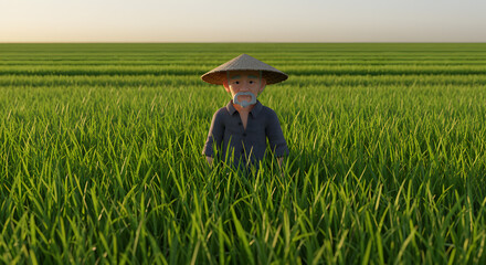 3d render of farmer in rice field
