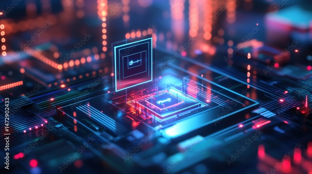 Poster digital circuit board with glowing security key icon.