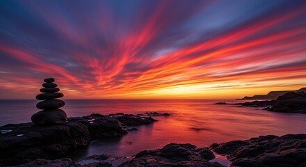 Intense fiery red sunset long exposure over rocky coastline