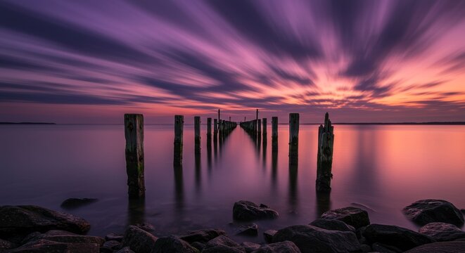 Mysterious pier ruins in purple long exposure ocean at dusk