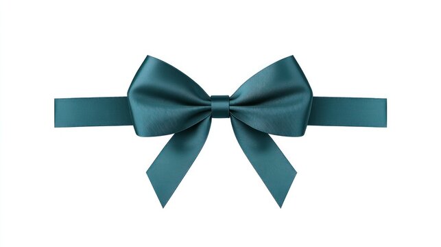 Elegant teal satin ribbon bow with a horizontal band isolated on a white background for gift wrapping and decoration
