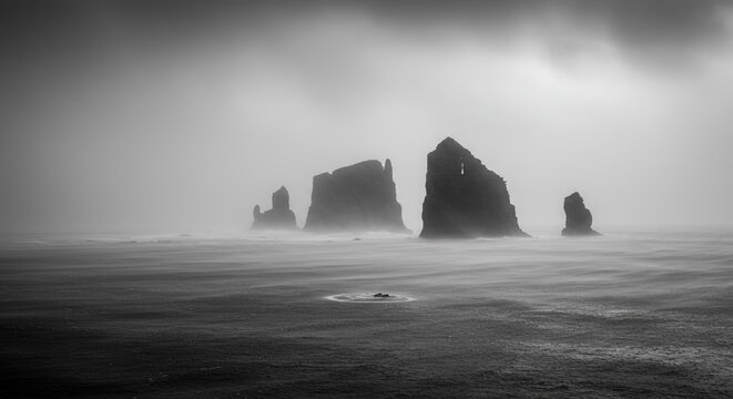 Sea stacks (rock formations) in the ocean during fog or storm, long exposure, monochrome