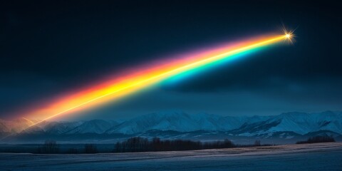 A meteor streaking across the night sky with a rainbow trail above snow-covered mountains and a dark landscape
