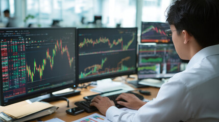 Person focused on multiple financial market data screens