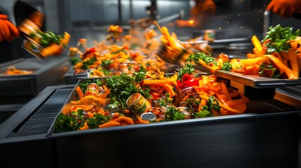 Chefs toss vibrant stir-fried vegetables into large stainless steel containers in a busy commercial kitchen