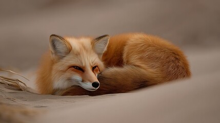 Fototapeta premium A close-up of a fox lying on a bed, with its head resting on its back