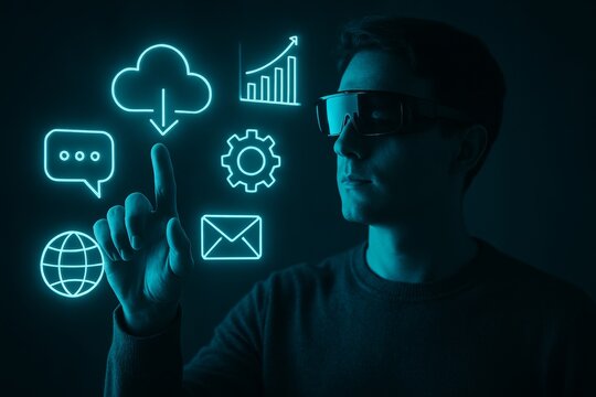 Man wearing smart glasses interacts with floating neon icons in a futuristic augmented reality interface.