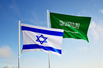 flags of saudi arabia and israel over blue sky background.