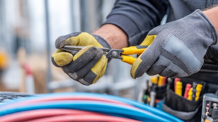 Electrician prepares cables with scissors wearing gloves for safety Electrical system work in progress Construction industry scene