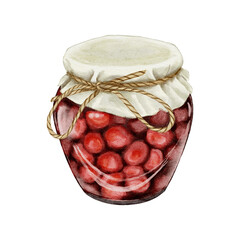 Jar of cherry jam, watercolor illustration. Realistic style. Homemade preserves, dessert, sweets, kitchen, farm products.