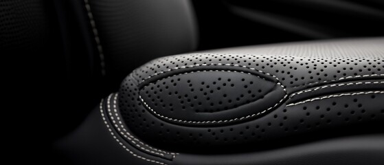 Close-up of perforated leather car seat bolster, showcasing detailed stitching and texture