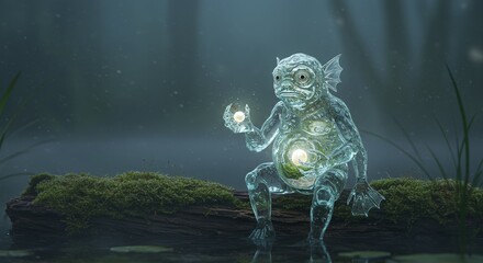 Fototapeta premium Fantasy translucent creature, goblin or forest spirit, sitting on moss and holding a glowing orb in a dark forest 