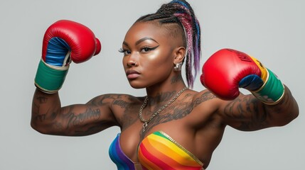 Queer femme with rainbow-themed clothing and boxing gloves, posing confidently with tattoos and colorful hair against a plain background