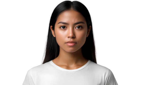 A  An Indonesian woman with straight black hair wearing a white T-shirt, with a sad facial expression, isolated on a transparent background