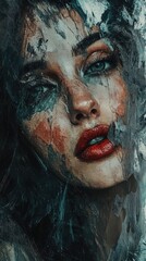 Painted Woman's Portrait with Intense Gaze and Abstract Background in Earth Tones