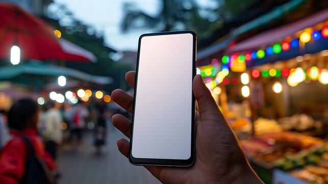Modern smartphone mockup blank background of street food market at dusk,device,ad