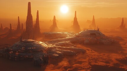Martian Settlement Domes cluster across Mars' surface under a rising sun, towers in distance