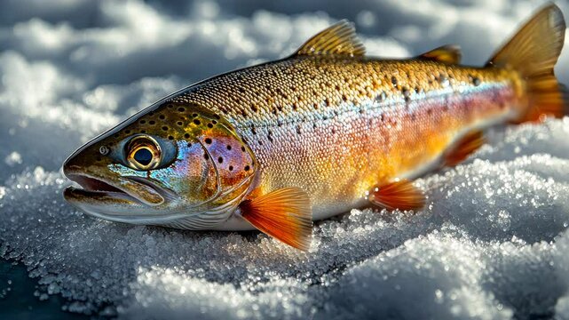 A fresh rainbow trout lying on crushed ice, displaying vibrant scales and detailed texture. Cold, glistening fish prepared for seafood market or culinary use