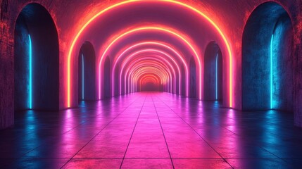 Neon archway glows with pink & blue hues in a concrete hallway leading to an unknown destination