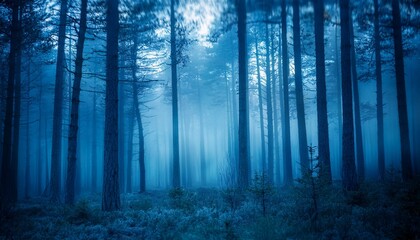 Fototapeta premium unfocused blue twilight forest scary horror trees scenic environment