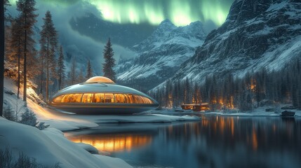 Futuristic lakeside home reflects aurora's light against snowy mountains and pine trees