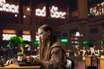 College student working on her laptop under a green lamp in a quiet setting, using the university library in the campus to prepare for an important school project. Young girl gathers data on her pc.