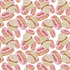 Donut with pink icing and cupcake with white cream seamless pattern watercolor illustration. RSuitable for menus and advertising of a bakery, coffee shop, design of diet and culinary sites.