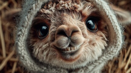 Obraz premium A close-up of a lama wearing a blanket on its head and smiling