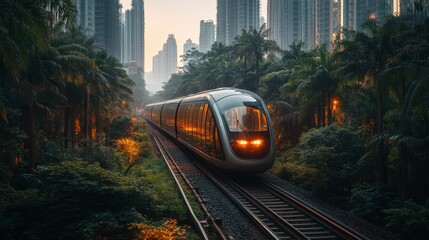Modern train traversing lush foliage against a backdrop of urban buildings